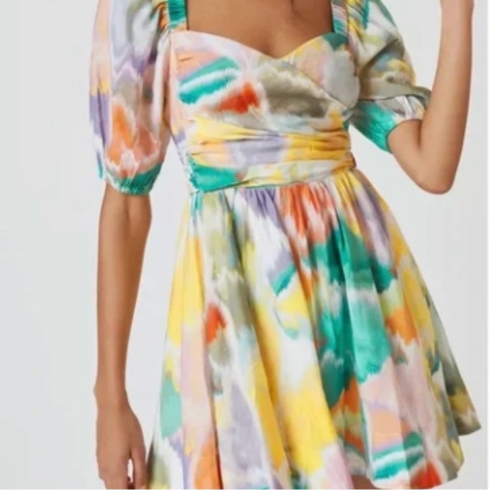 Multicolor Watercolor Puff-Sleeve Mini Dress
